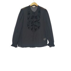 Boden Womens Amalie Ruffled Blouse Top UK 16 US 12 Black Long Sleeve Sheer *Read
